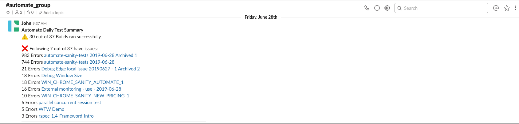 Image: Slack message with daily builds summary